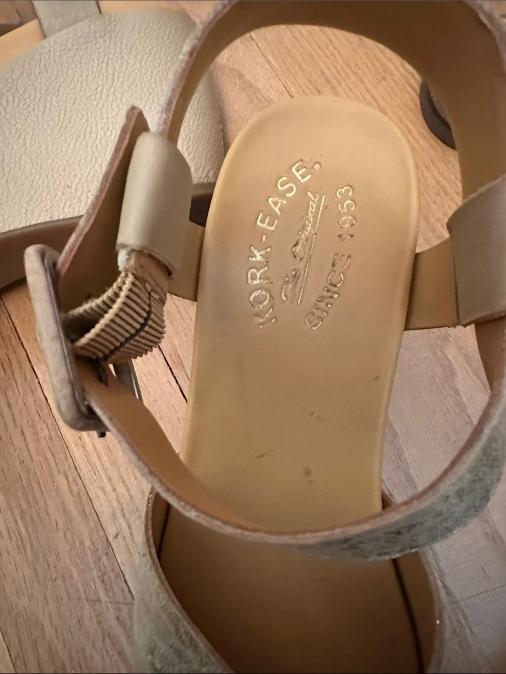 Kork-Ease Metallic Gold Open-Toe Ankle Strap wedge Sandals